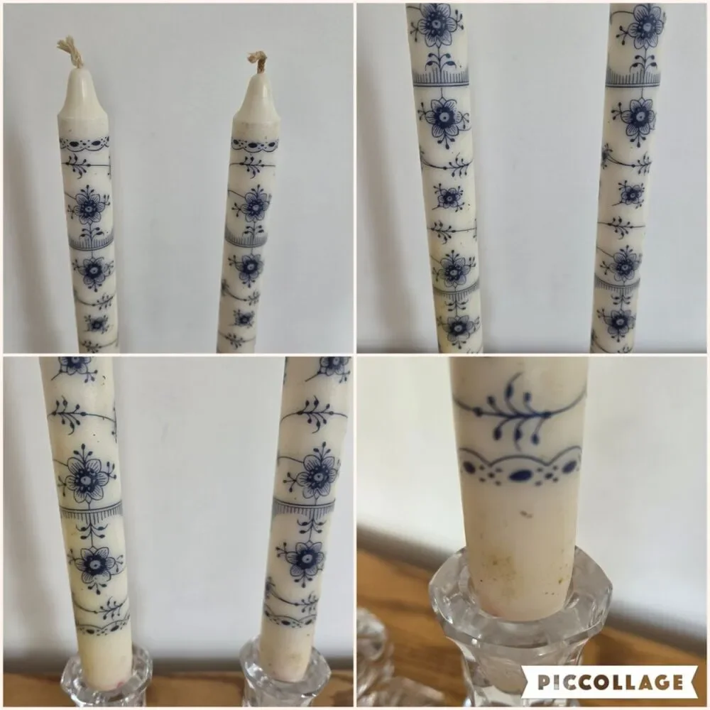 Vintage Kunstindustrien Denmark Royal Taper Candles - Blue Fluted Pattern (Pair)